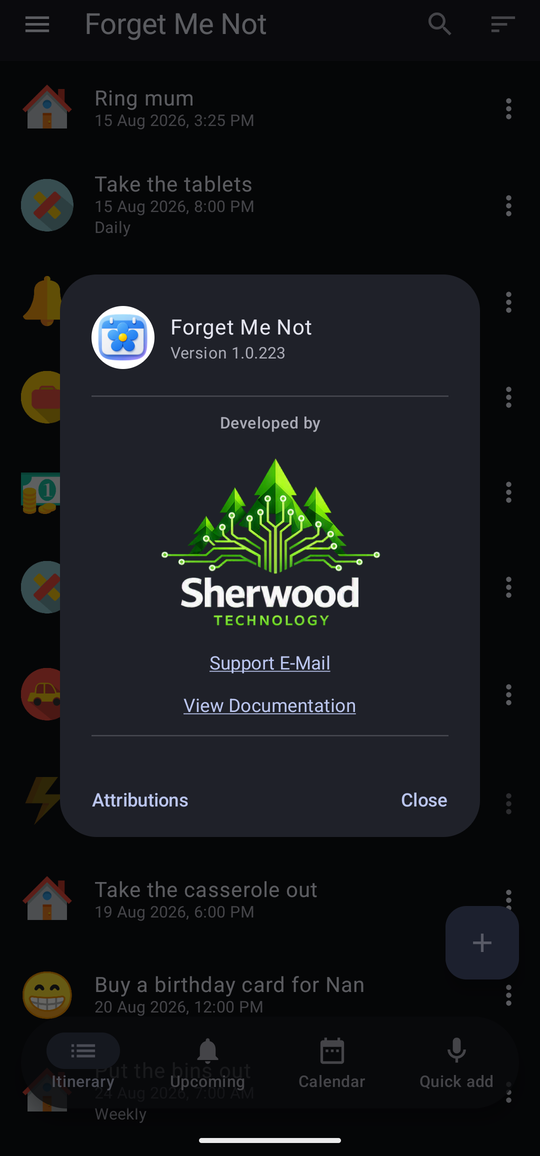 The About panel, showing the app icon, the version number, the Sherwood Technology logo, and Support E-Mail and View Documentation rows.