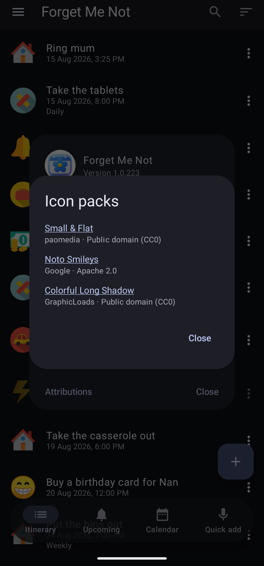 The Icon packs dialog, opened from About's Attributions link, listing Small & Flat, Noto Smileys and Colorful Long Shadow, each with its designer and licence.