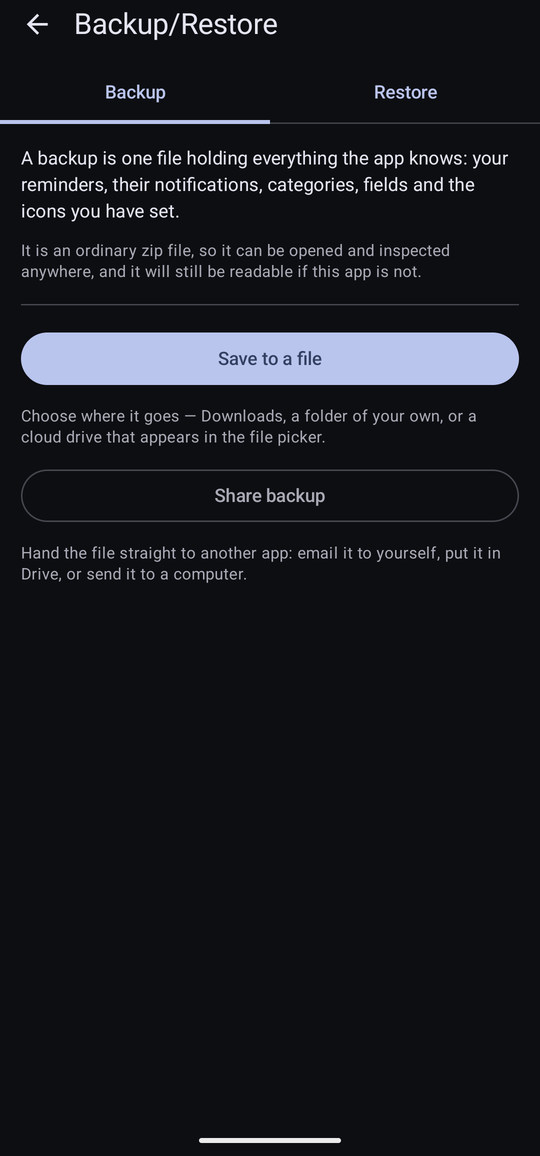 The Backup tab, explaining that a backup is one file holding everything, with Save to a file and Share backup buttons.
