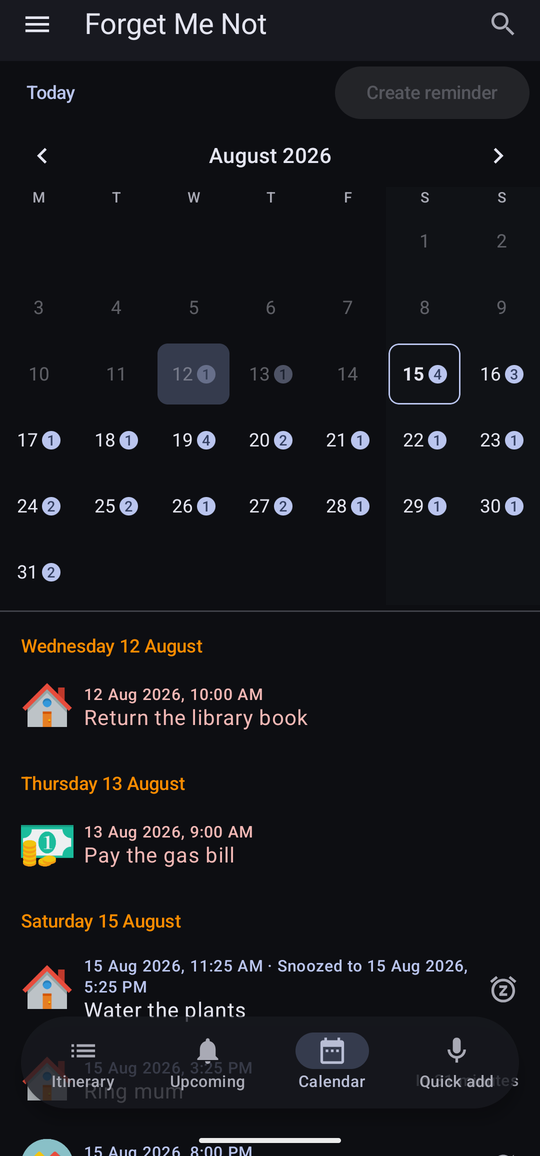The calendar with the 12th selected and highlighted, and the list scrolled to Wednesday 12 August.