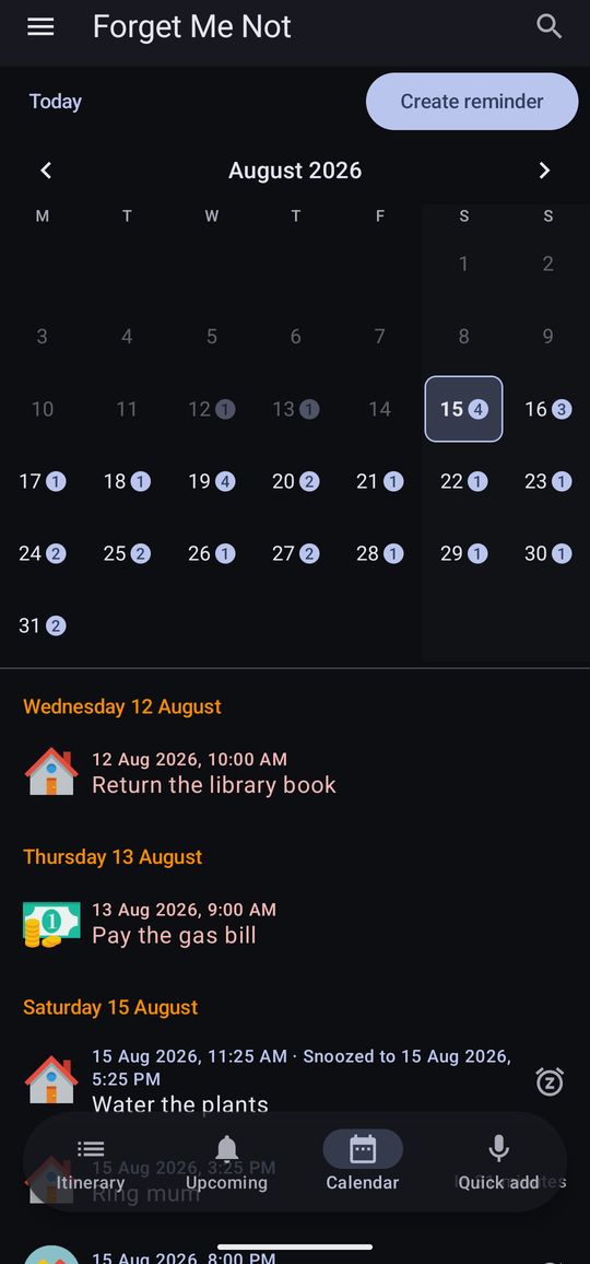 The calendar, showing a month grid with a count against each day that has reminders.