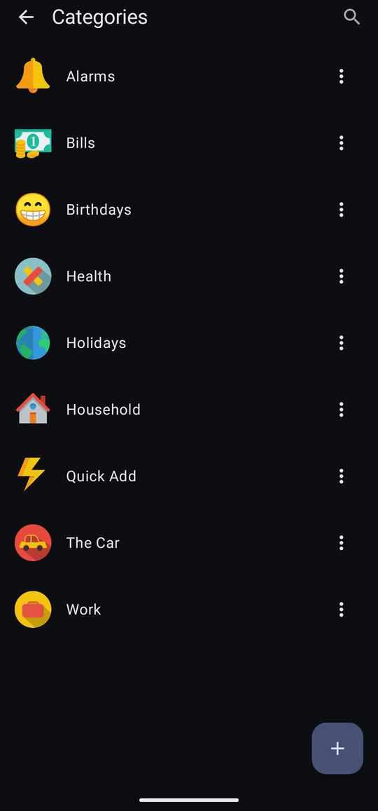 The Categories screen listing Alarms, Bills, Birthdays, Health, Holidays, Household, Quick Add, The Car and Work, each with its own icon.