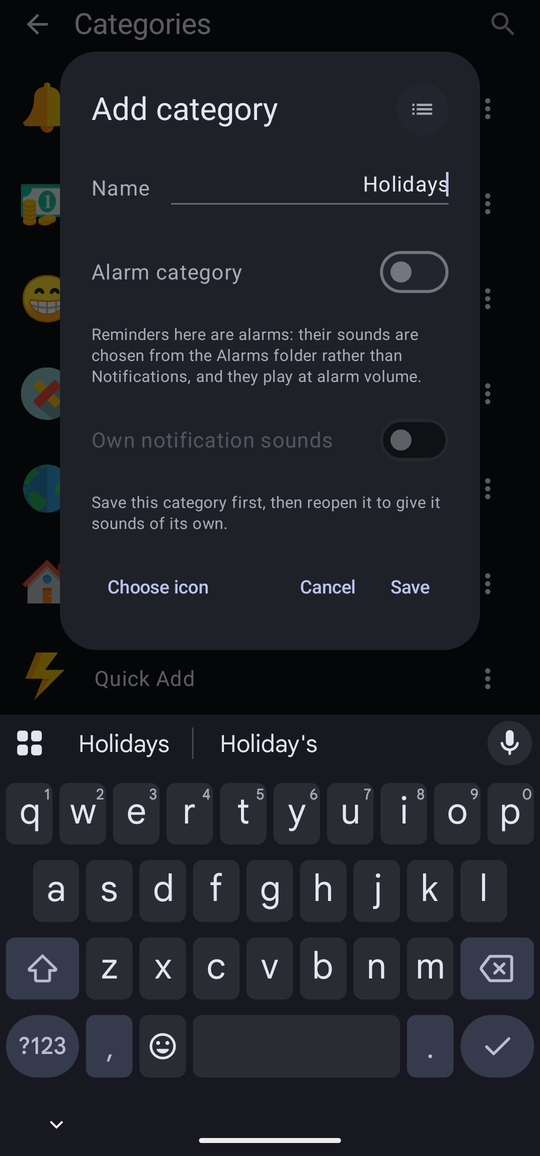 A new category form with a Name box containing Holidays, switches for Alarm category and Own notification sounds, and Choose icon, Cancel and Save buttons.
