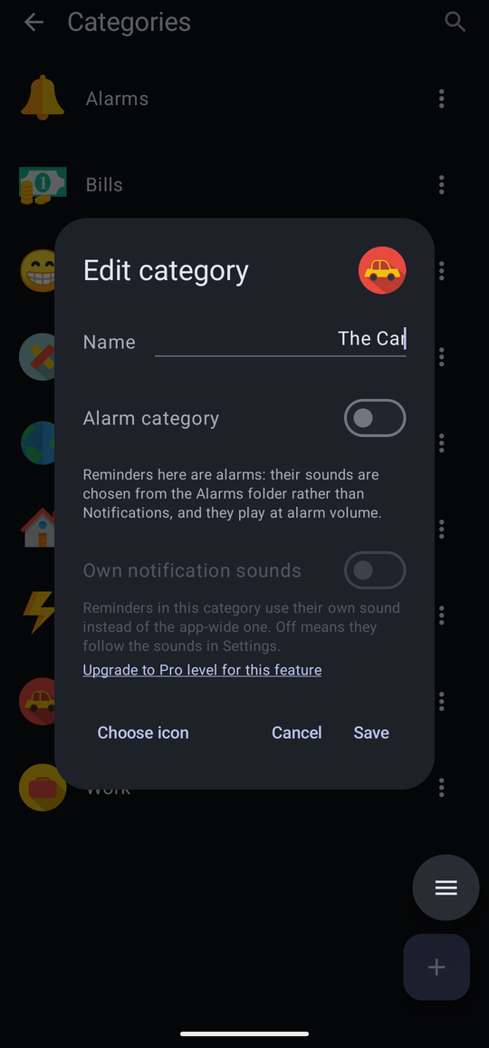 The Edit category dialog for The Car on Free. Name and Alarm category are normal, but the Own notification sounds row and its switch are dimmed, with the link “Upgrade to Pro level for this feature” beneath.
