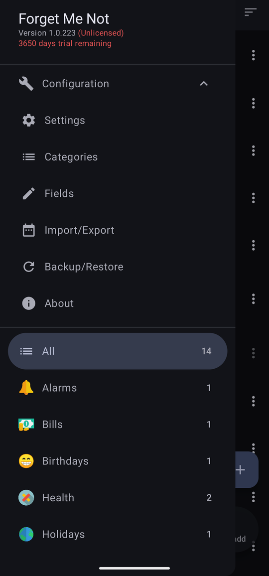 The drawer with the Configuration section expanded, showing Settings, Categories, Fields, Import/Export, Backup/Restore and About.
