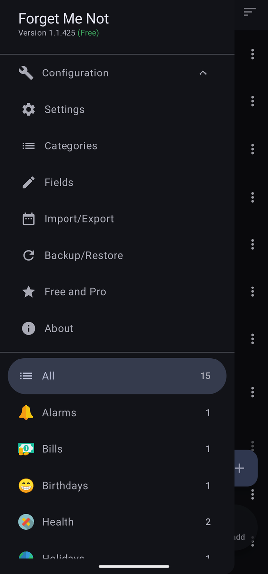 The drawer with Configuration expanded. The version number at the top reads “Version 1.1.425 (Free)” with “(Free)” in green, and the rows are Settings, Categories, Fields, Import/Export, Backup/Restore, Free and Pro, and About.