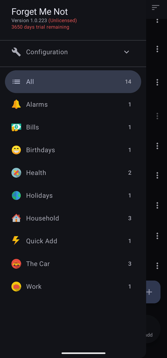 The navigation drawer, listing All and then each category with a count and an icon.