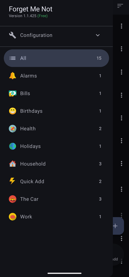 The navigation drawer, listing the version number with “(Free)” beside it in green, then All and each category with a count and an icon.