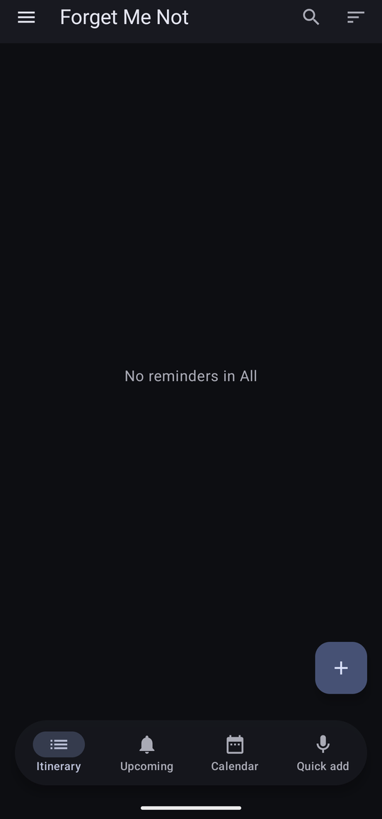 The app with nothing in it, reading No reminders in All, with the four-way bar at the foot and an add button.