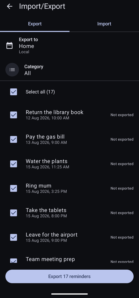 The Export tab, showing a destination calendar called Home, a category filter, Select all (17), and a list of reminders each with a status of Not exported.