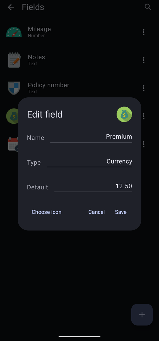 The Edit field form for Premium, with a Name box, a Type row reading Currency, a Default box and a Choose icon button.