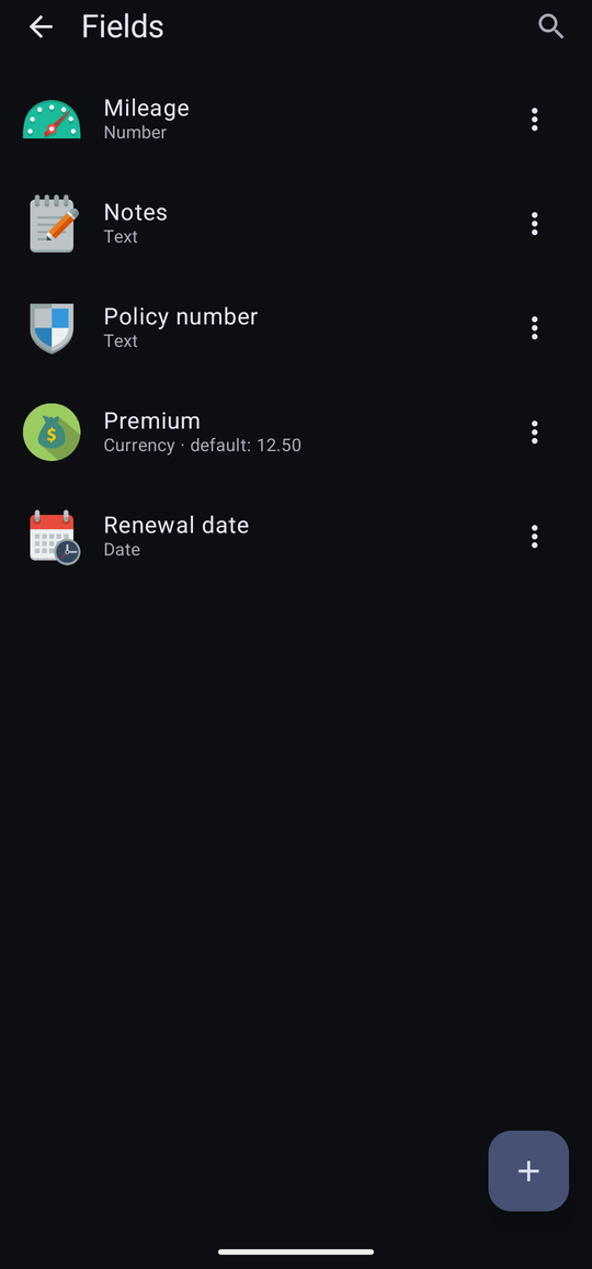 The Fields screen listing Mileage (Number), Notes (Text), Policy number (Text), Premium (Currency) and Renewal date (Date), each with its own icon.