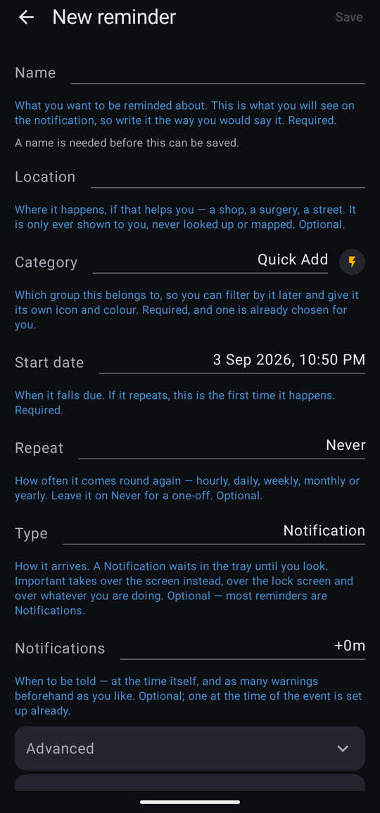 The New reminder form on a first run, with a line of blue help under each row: what the name is for, that location is optional, that a category is required and one is already chosen, and so on.