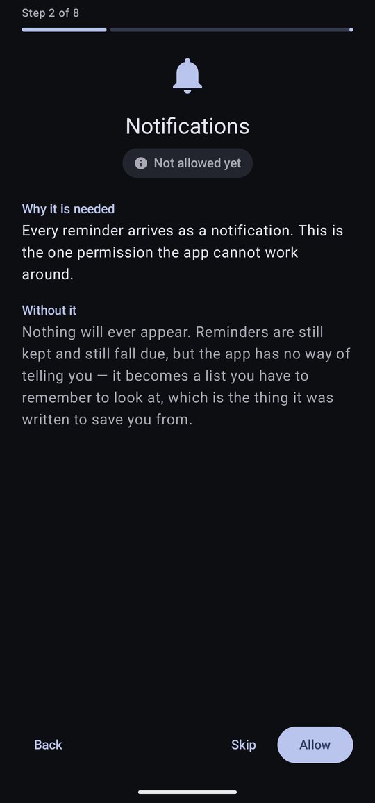 A permission page for Notifications, showing a status chip reading Not allowed yet, a Why it is needed paragraph, a Without it paragraph, and Back, Skip and Allow buttons.