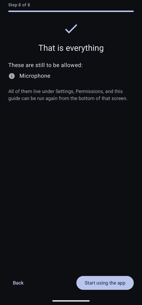 The last page of the guide, headed That is everything, listing the permissions still to be allowed and explaining where to find them later.