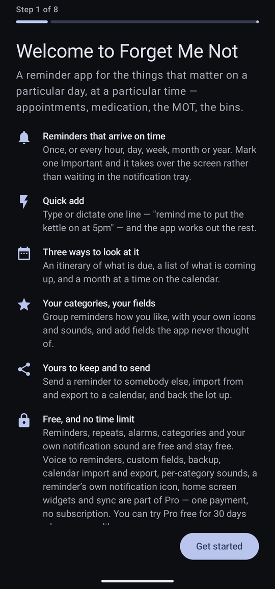 The first page of the welcome guide: a title reading Welcome to Forget Me Not, an introduction, six headed features ending with “Free, and no time limit”, and a Get started button.