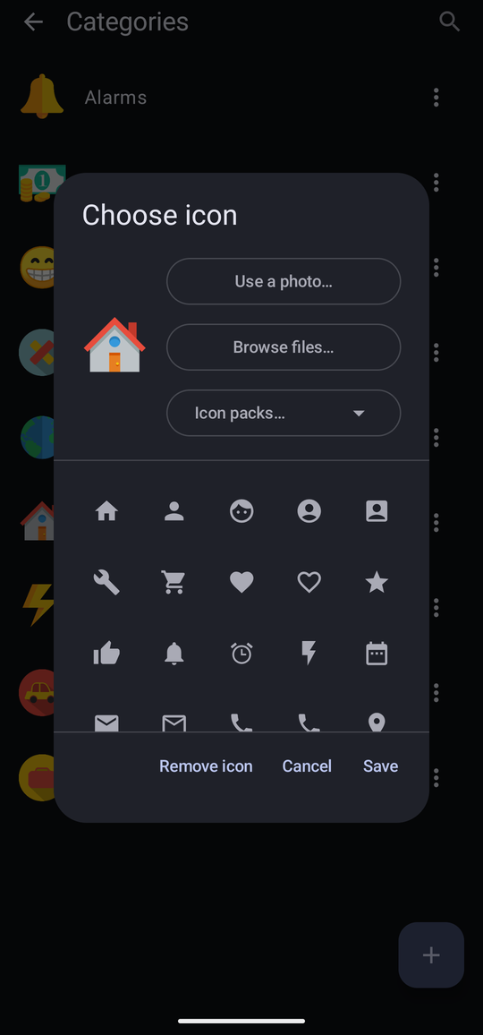 The Choose icon dialog, with Use a photo…, Browse files… and Icon packs… at the top and a grid of built-in outline icons below.