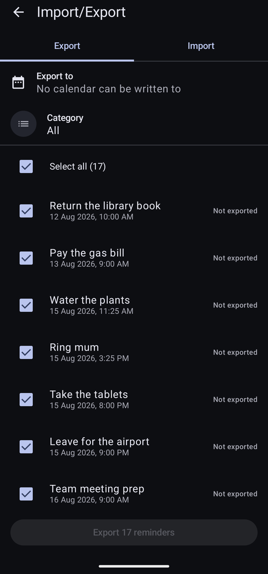 The Export tab with the Export to row reading “No calendar can be written to”.