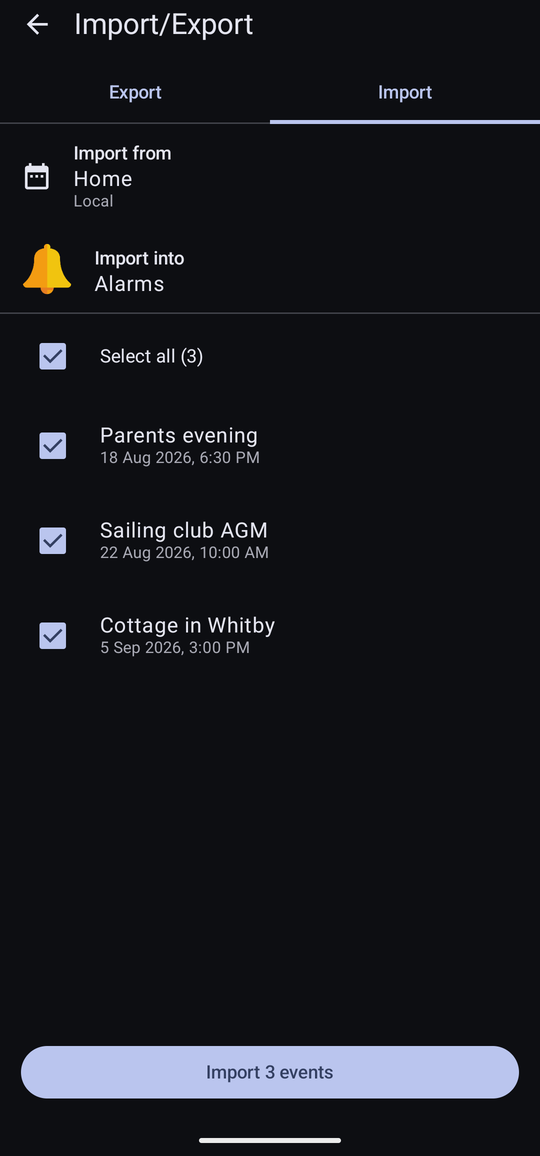 The Import tab, showing a source calendar called Home, an Import into category, Select all (3), and three calendar events with their dates.