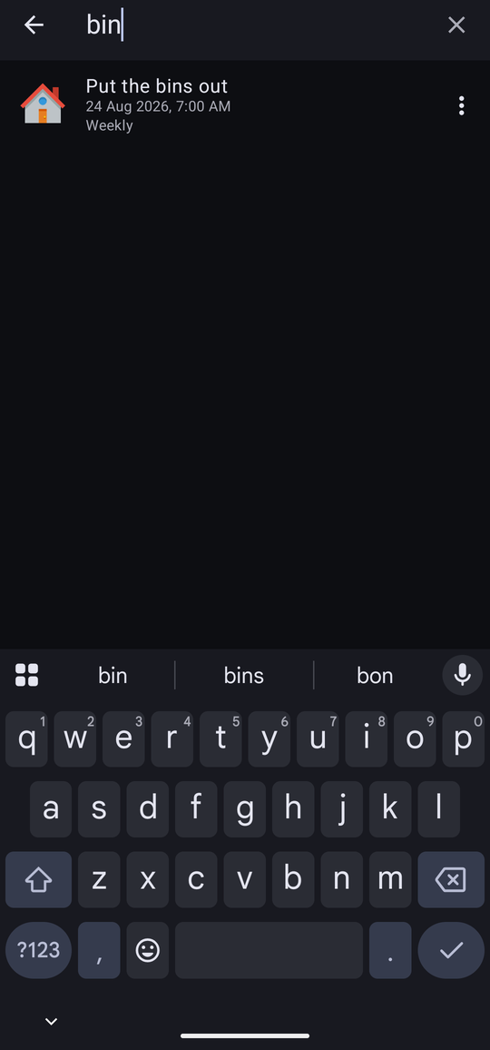 The itinerary with a search box open at the top containing the word bin, and only the matching reminder listed.