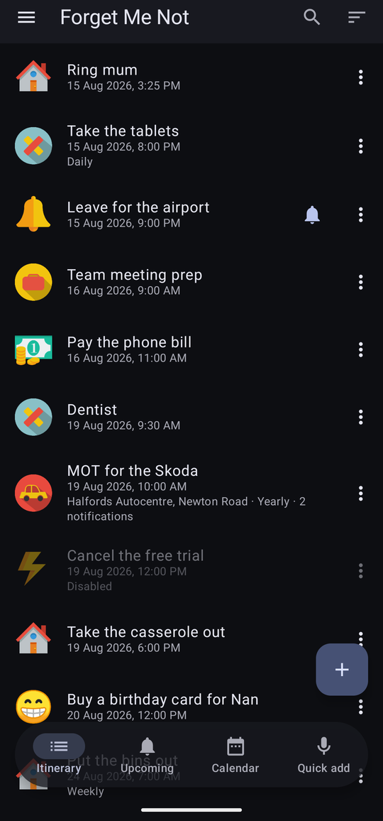 The itinerary, listing reminders in date order with a category icon against each one.