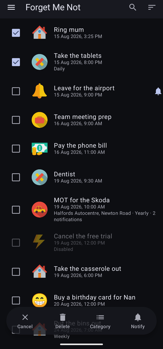 The itinerary in selection mode, with tick boxes down the left, two rows ticked, and a bottom bar reading Cancel, Delete, Category and Notify.