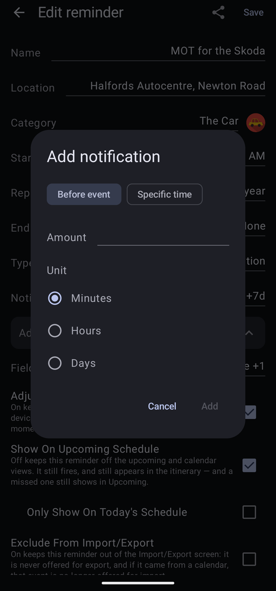 The Add notification dialog, with Before event and Specific time options, an Amount box and Minutes, Hours or Days.