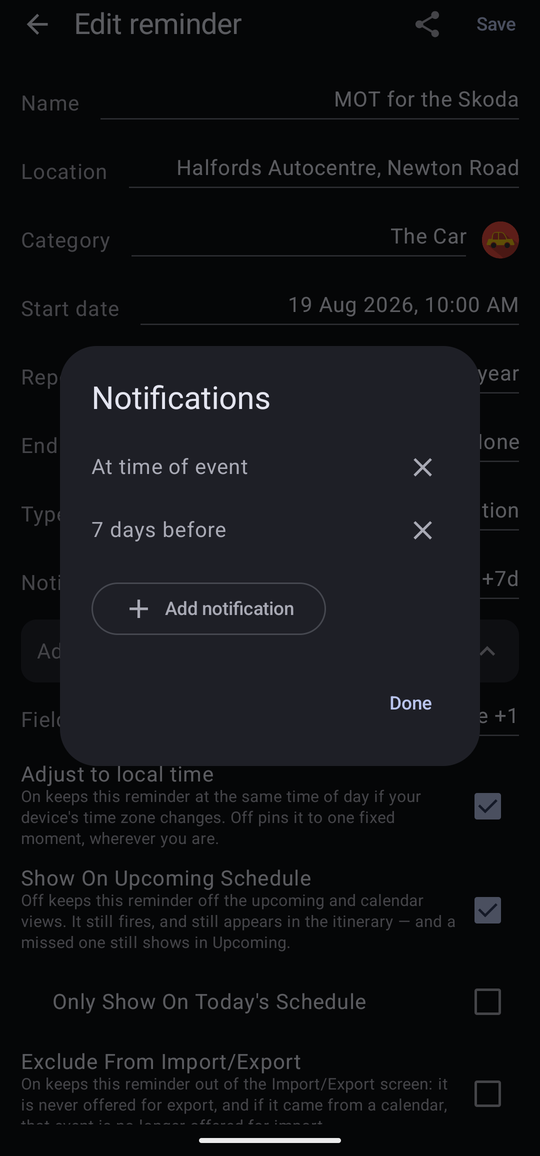 The Notifications dialog listing At time of event and 7 days before, each with a Remove button, plus an Add notification button.