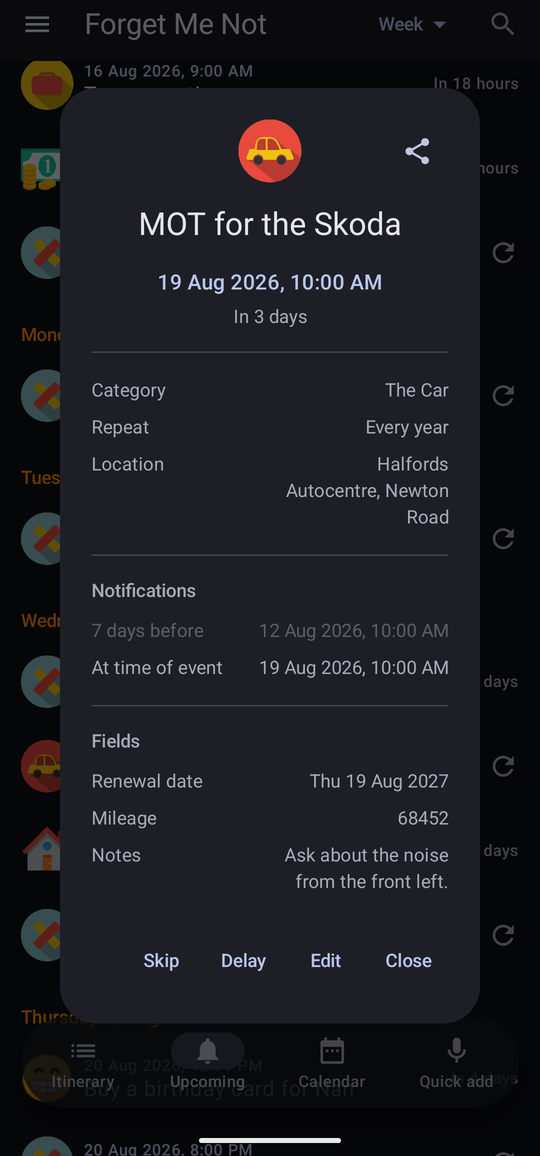 A single occurrence, naming the reminder, its time, category, repeat, location, notifications and fields.