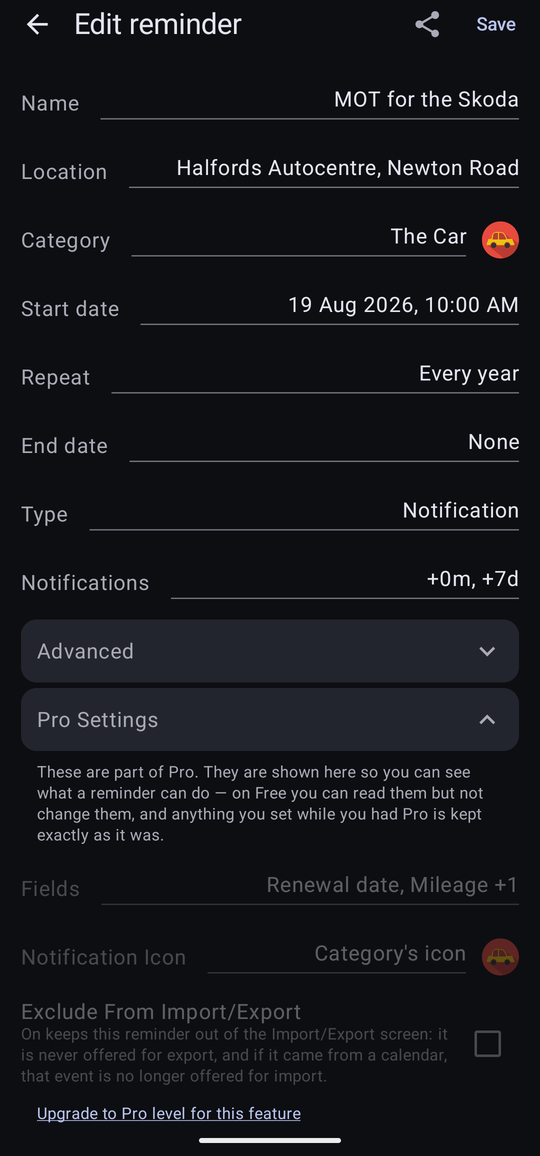 The reminder editor for “MOT for the Skoda” on Free, with the Pro Settings section expanded. It explains these are part of Pro and are kept but not changeable, then shows a Fields row reading “Renewal date, Mileage +1”, a Notification Icon row reading “Category's icon”, and an Exclude From Import/Export switch — all dimmed, with one upgrade link beneath.