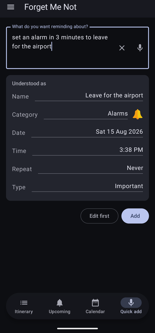 Quick add reading “set an alarm in 3 minutes to leave for the airport”, with the preview showing the category Alarms and the type Important.