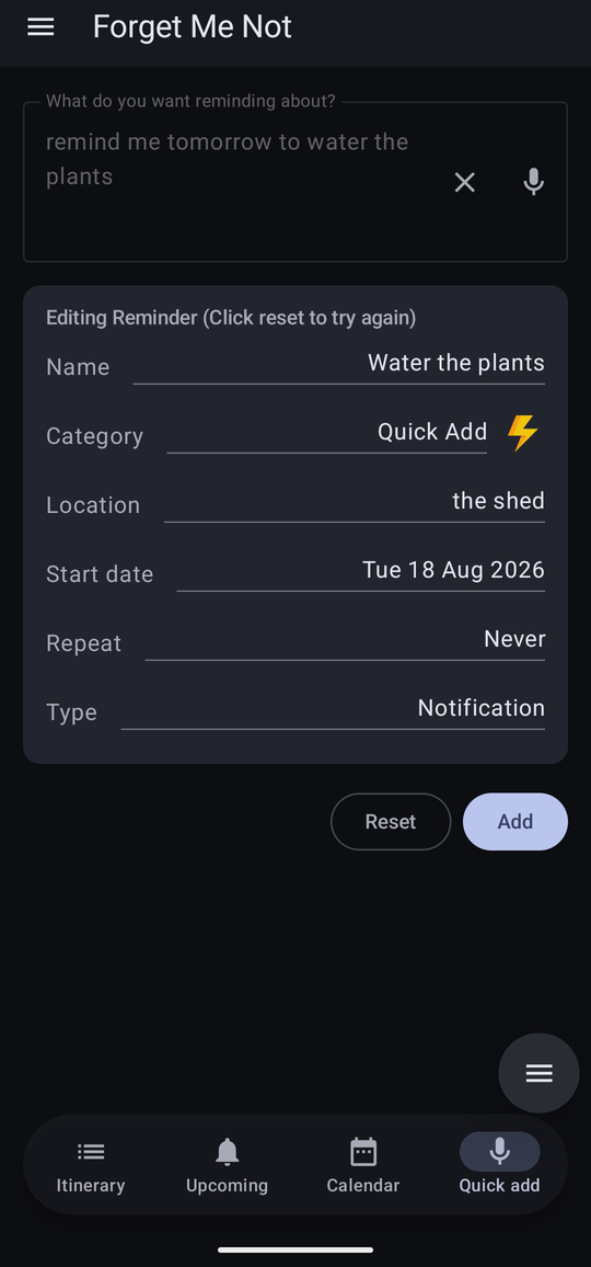 Quick add with the sentence box greyed out and the panel headed Editing Reminder (Click reset to try again), after the Location row was changed by hand to ‘the shed’.