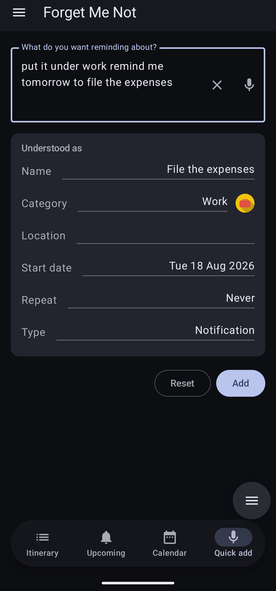 Quick add, showing the sentence typed at the top and an “Understood as” panel listing the name, category, location, date, time, repeat and type it has worked out.