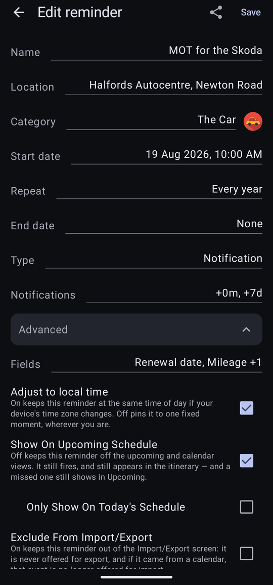 A filled-in reminder, MOT for the Skoda, with a location, a category, a yearly repeat, an end date, two notifications, the Advanced section open showing three fields and the schedule switches.