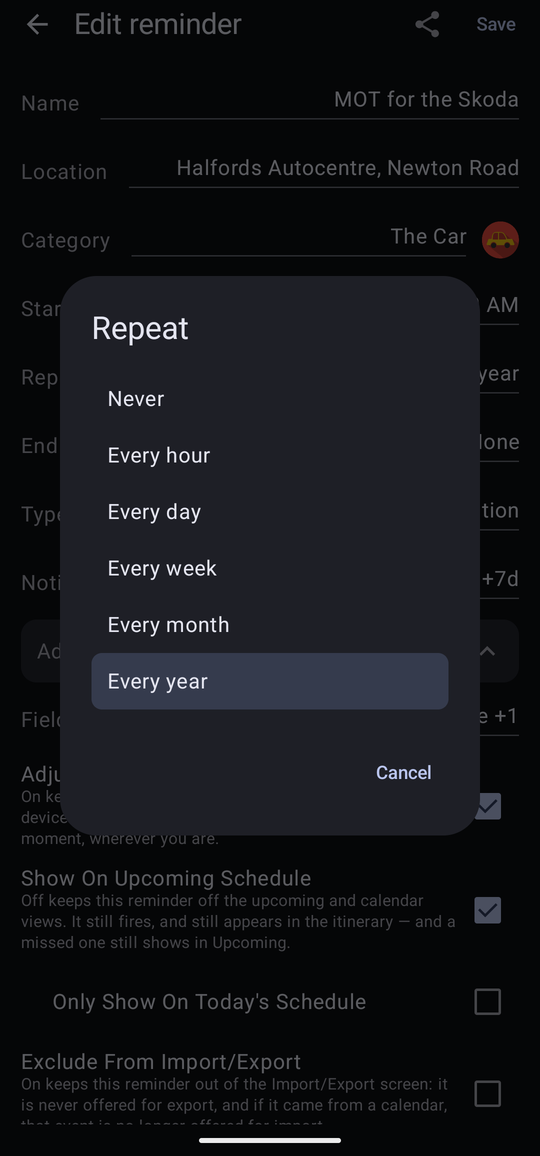 The Repeat dialog listing Never, Every hour, Every day, Every week, Every month and Every year.