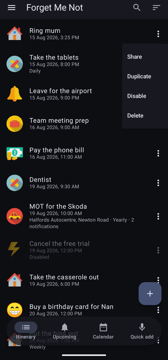 A reminder row's menu, offering Share, Duplicate, Disable and Delete.