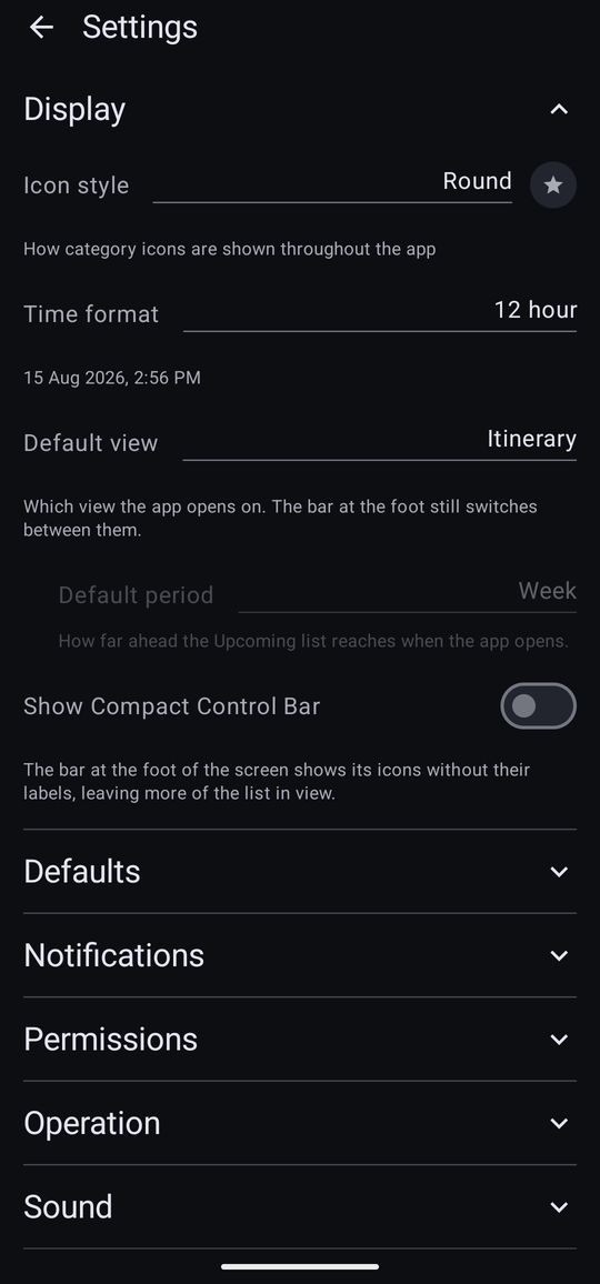 The Display section, showing Icon style, Time format, Default view and Default period with their explanations.