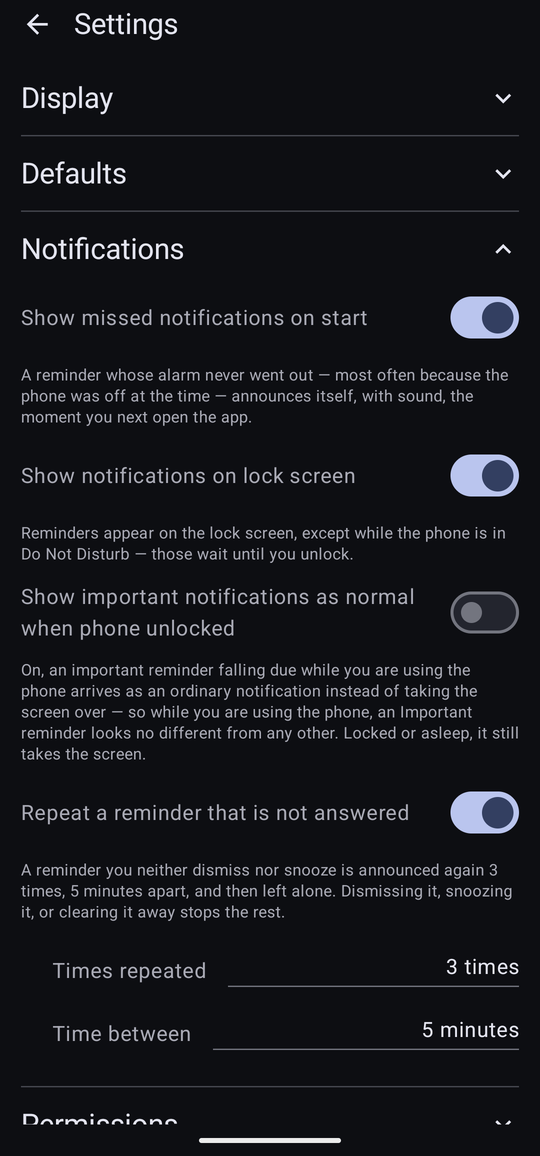 The Notifications section, with switches for the lock screen, important notifications, Snooze from the original time, and the chase-up settings.