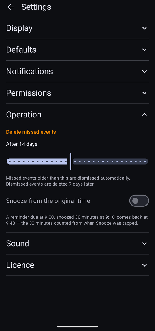 The Operation section, showing Delete missed events set to After 14 days with an explanation.