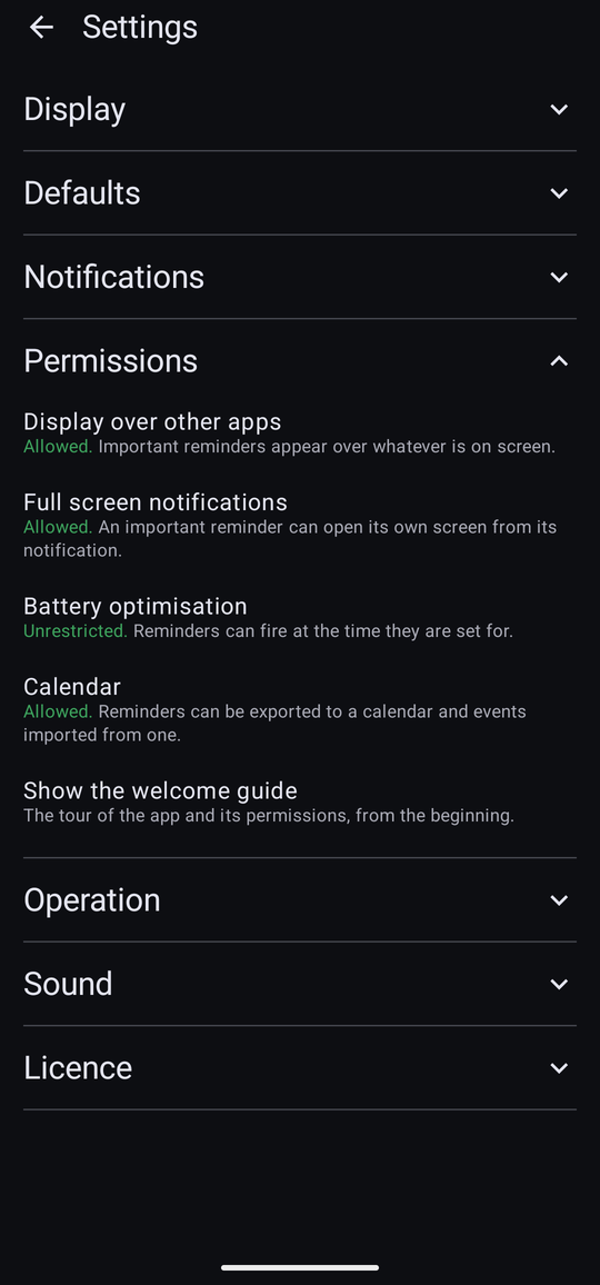 The Permissions section, with a row per Android permission showing its current status.