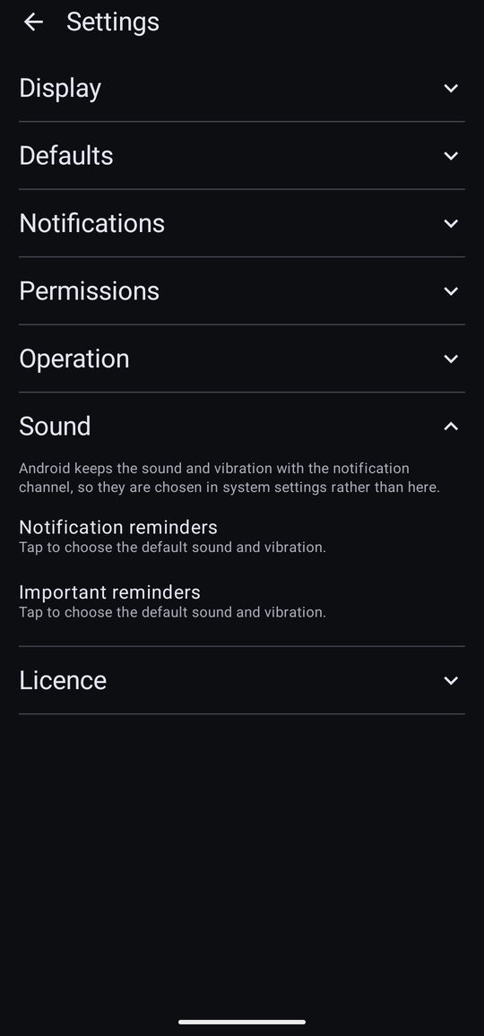 The Sound section, listing Notification reminders and Important reminders, each reading “Tap to choose the sound and vibration.”