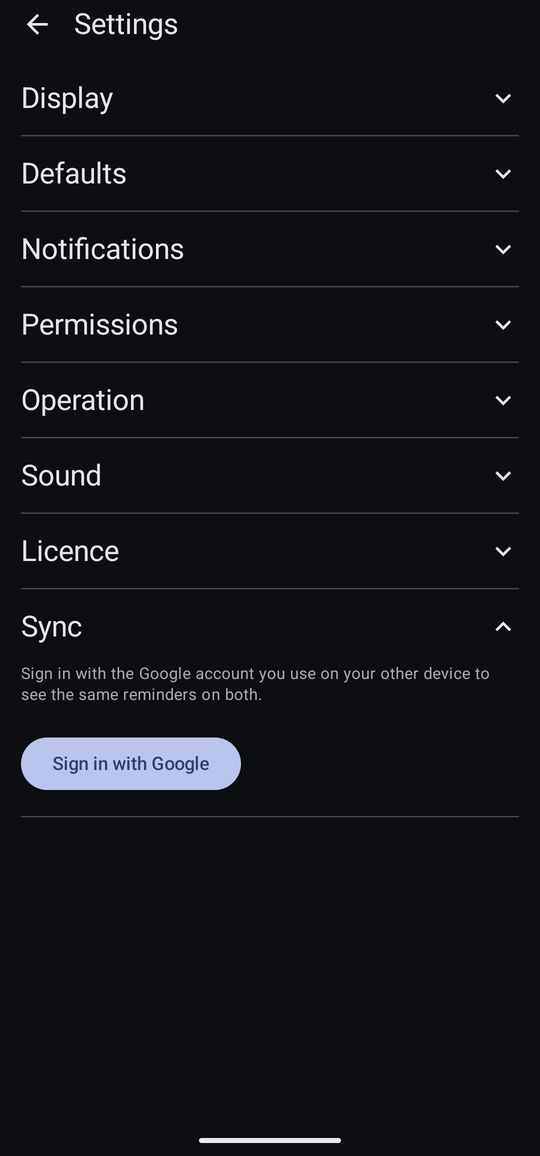 The Sync section, collapsed to a single line explaining what it does, with a Sign in with Google button.