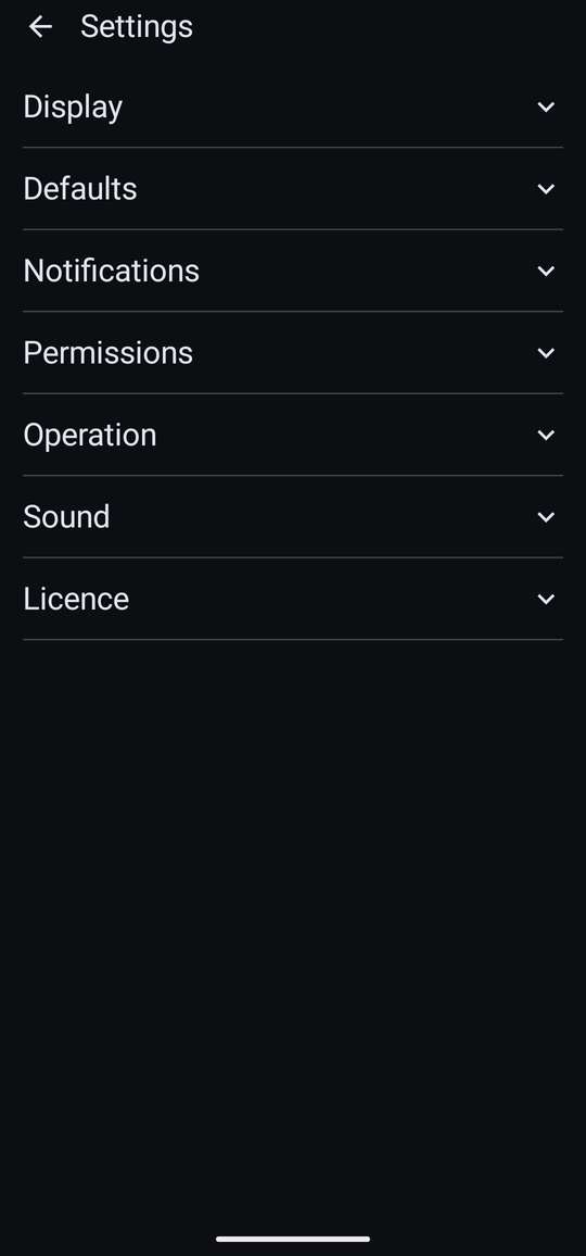 The Settings screen with six collapsed sections: Display, Defaults, Notifications, Permissions, Operation and Sound.