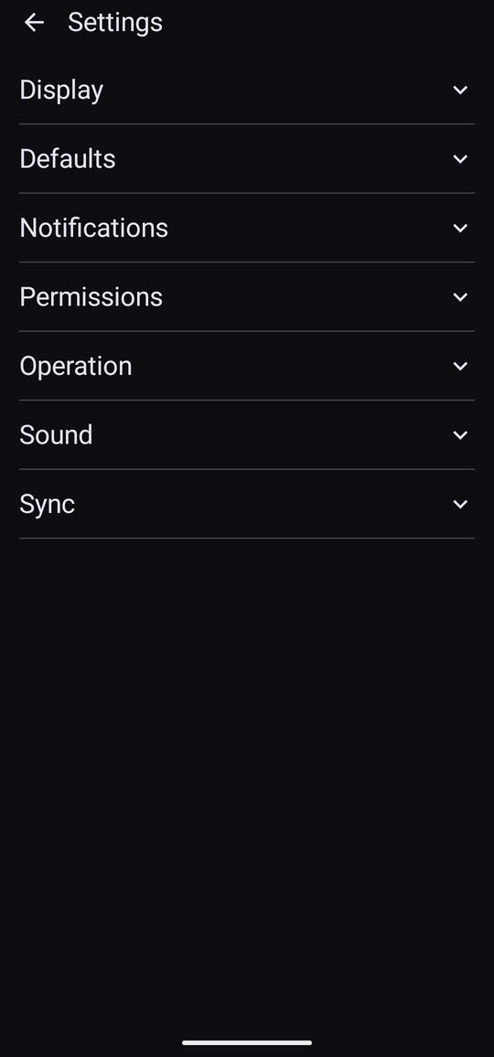 The Settings screen with seven collapsed sections: Display, Defaults, Notifications, Permissions, Operation, Sound and Sync.