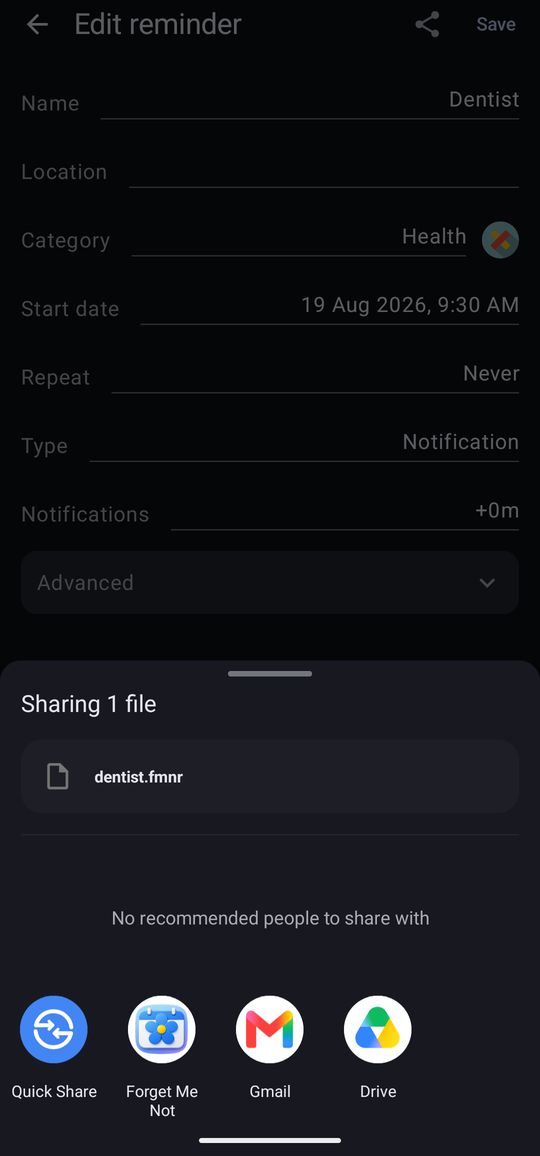 Android's share sheet, showing “Sharing 1 file” and an attachment named dentist.fmnr, with apps to send it with.