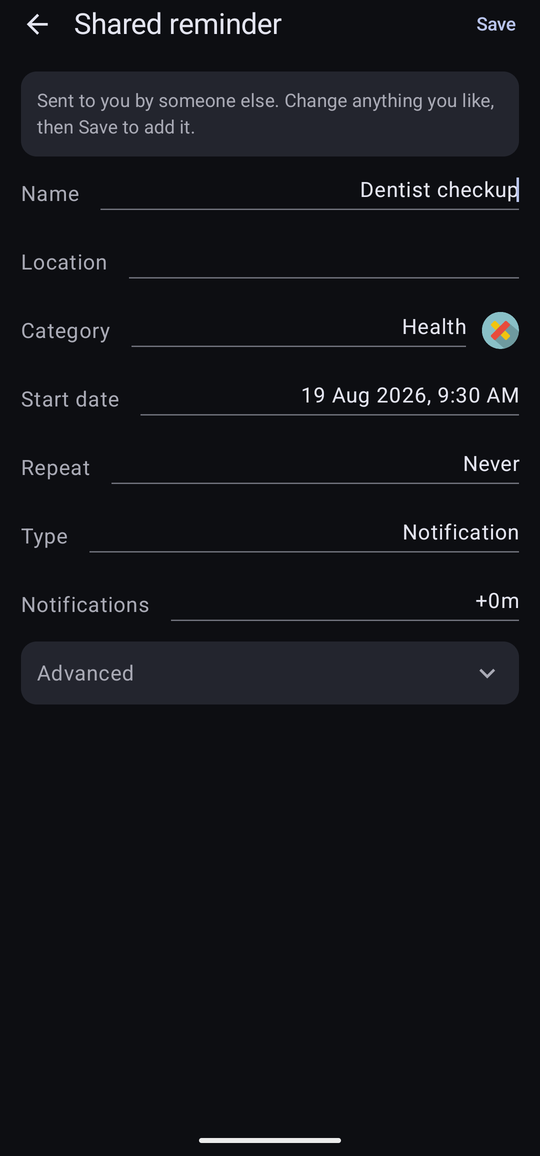 The Shared reminder screen, with the explanatory line at the top and the usual reminder form below it, filled in from the file.