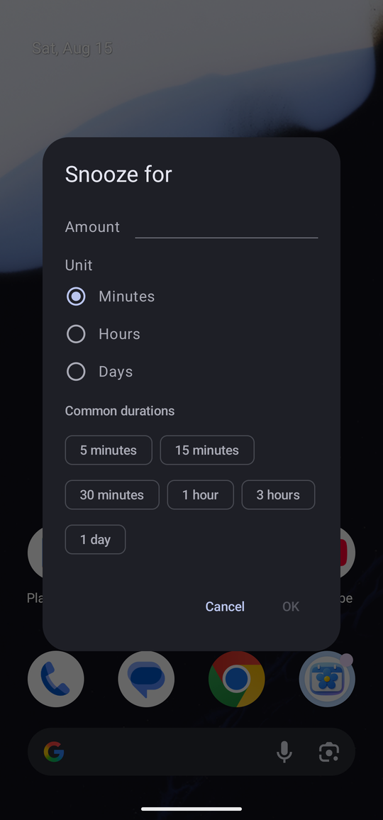 The Snooze for dialog, with an Amount box, Minutes, Hours and Days options, and common durations of 5, 15 and 30 minutes, 1 hour, 3 hours and 1 day.