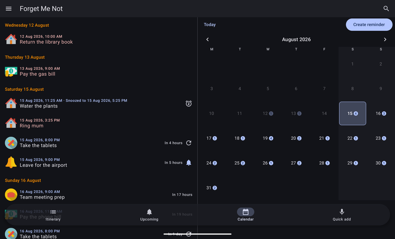 The app on a tablet in landscape: the day-by-day plan fills the left half of the screen and the month grid the right.