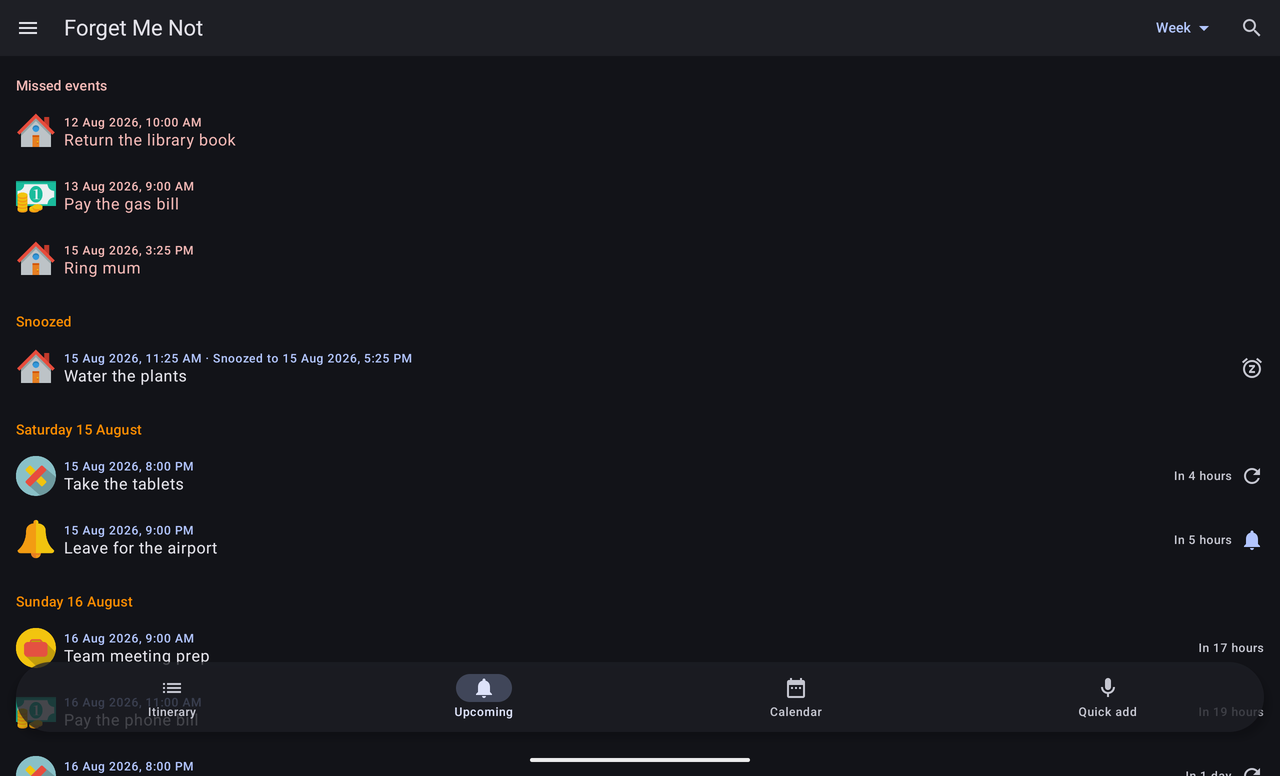 The Upcoming list on a tablet, using the full width of the screen.