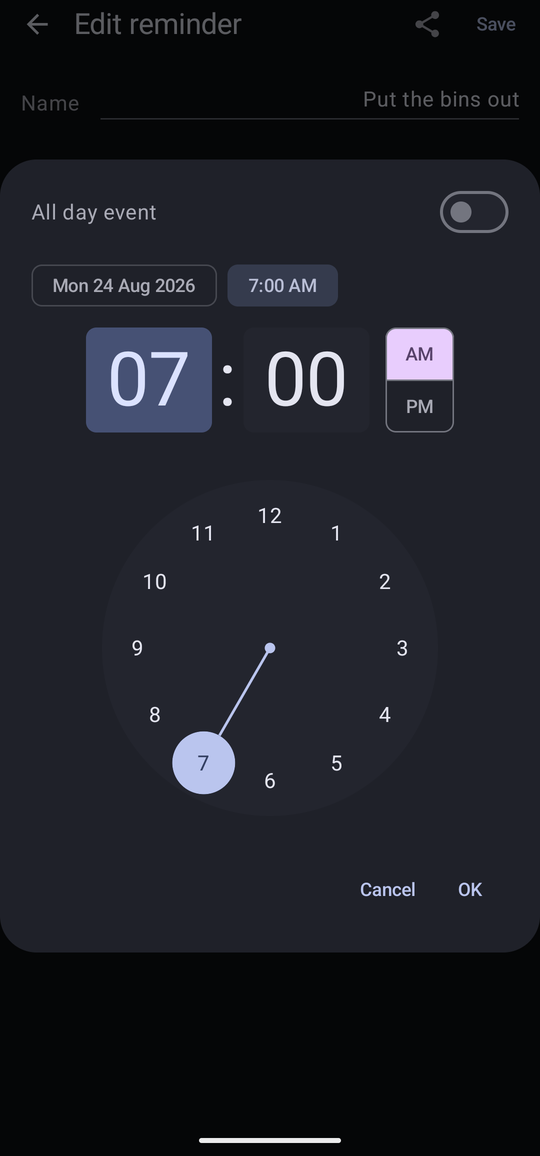 The same Start date dialog with its time chip expanded to a clock face instead, and the date collapsed to a chip above it.